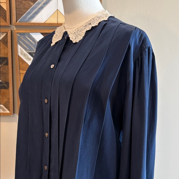 Vintage Ralph Lauren Navy Pleated Button Down Shirt with Lace Collar - Picture 6 of 13